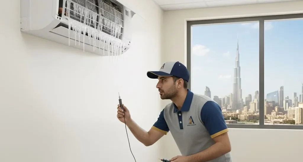 AC repair technician servicing a split AC unit in Dubai home