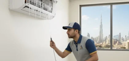 AC repair technician servicing a split AC unit in Dubai home