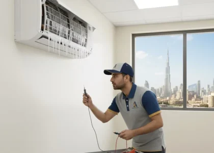 AC repair technician servicing a split AC unit in Dubai home