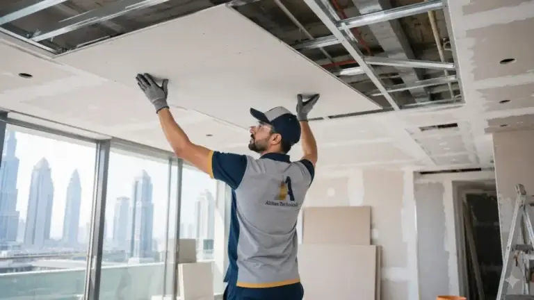 Abbas Technical technician installing a gypsum false ceiling in Dubai