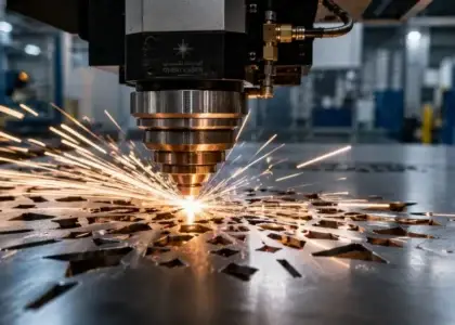 CNC fiber laser cutting a steel sheet in a Dubai metal fabrication workshop with sparks