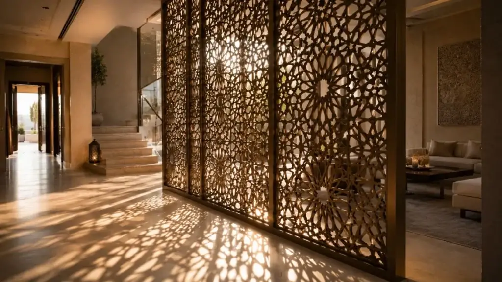 Decorative laser-cut metal privacy screen with a geometric pattern in a modern Dubai villa