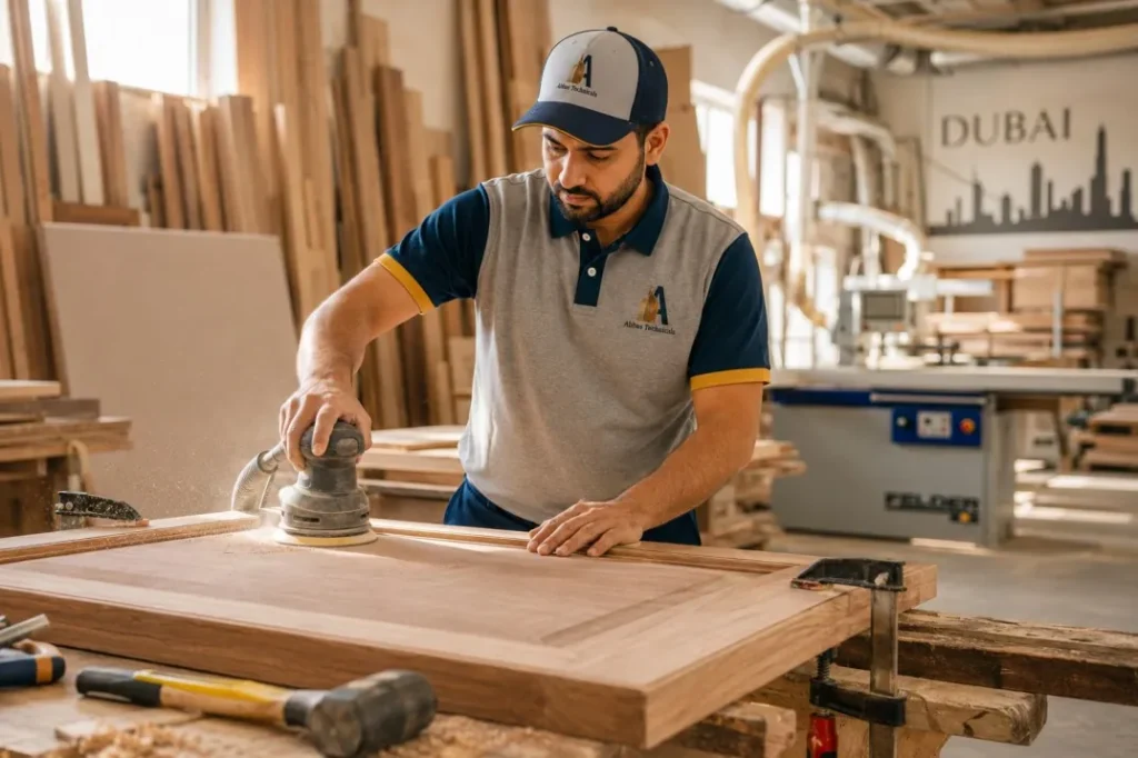 Abbas Technical Services carpenter building custom cabinetry in a Dubai workshop