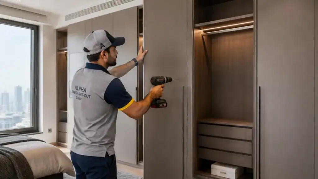 Abbas Technical Services carpenter installing a built-in wardrobe