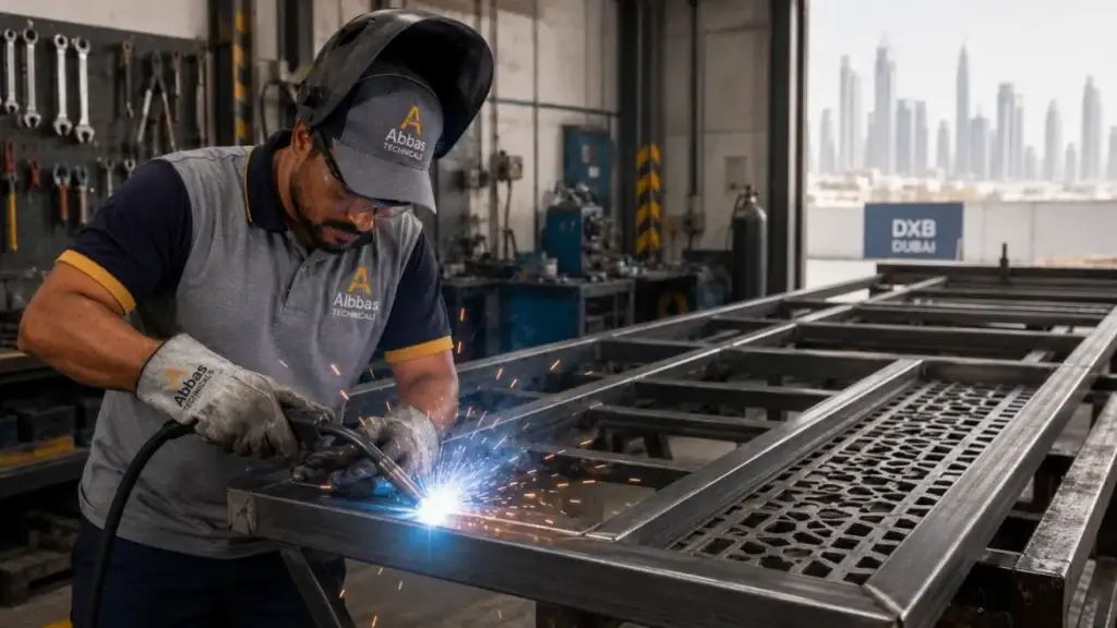Abbas Technical Services welder fabricating a custom metal gate