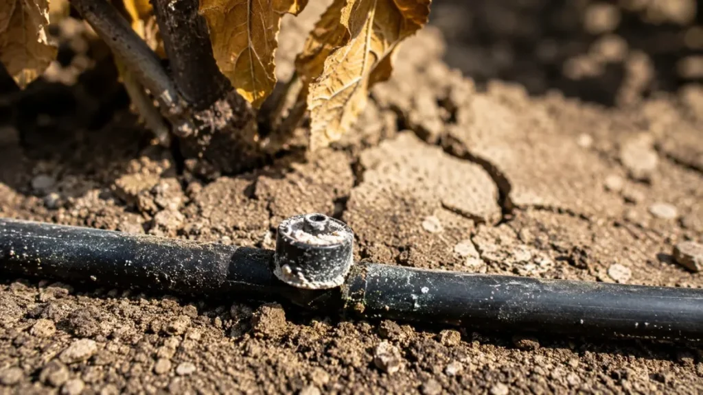 Drip irrigation emitter blocked by white mineral scale from Dubai's hard water