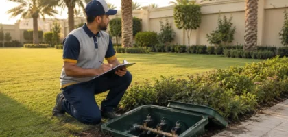 Irrigation technician surveying a Dubai villa garden to quote an irrigation system cost