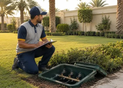Irrigation technician surveying a Dubai villa garden to quote an irrigation system cost