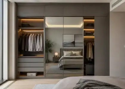 Modern built-in wardrobe in a Dubai apartment bedroom