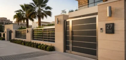 Modern metal entrance gate and railing on a Dubai villa