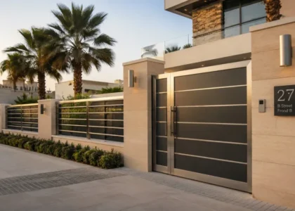 Modern metal entrance gate and railing on a Dubai villa