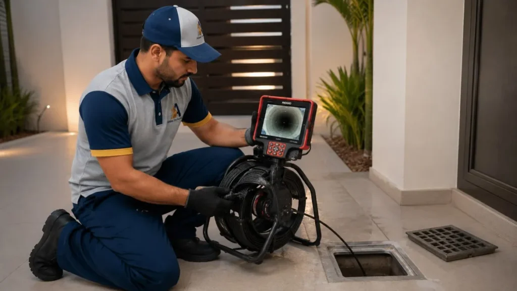 Technician using a CCTV drain camera to inspect a blocked drain in Dubai