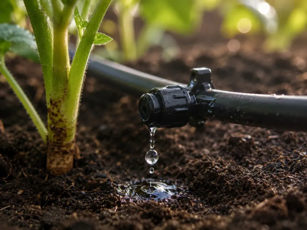 Drip irrigation emitter watering the root zone of a plant in a Dubai garden