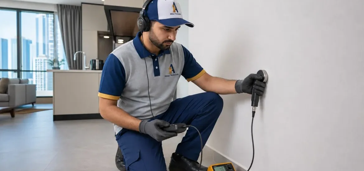 Plumber using acoustic leak detection equipment on a wall in a Dubai apartment