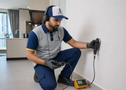 Plumber using acoustic leak detection equipment on a wall in a Dubai apartment