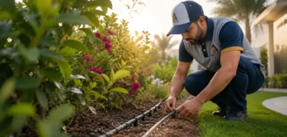 Drip irrigation watering a garden bed in Dubai in the early morning
