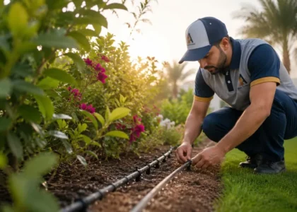 Drip irrigation watering a garden bed in Dubai in the early morning