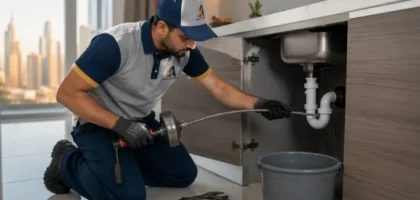Plumber clearing a blocked kitchen drain with a drain snake in a Dubai home