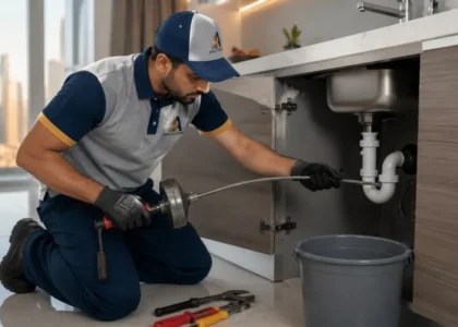 Plumber clearing a blocked kitchen drain with a drain snake in a Dubai home