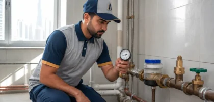 Plumber checking a water pressure regulator in a Dubai home