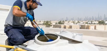 Technician in protective gear cleaning a residential water storage tank in Dubai