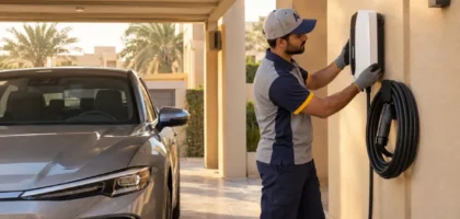 Technician installing a home EV wall box charger at a Dubai villa carport