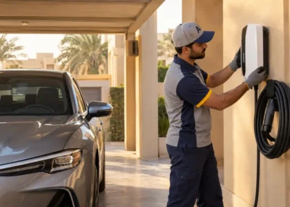 Technician installing a home EV wall box charger at a Dubai villa carport
